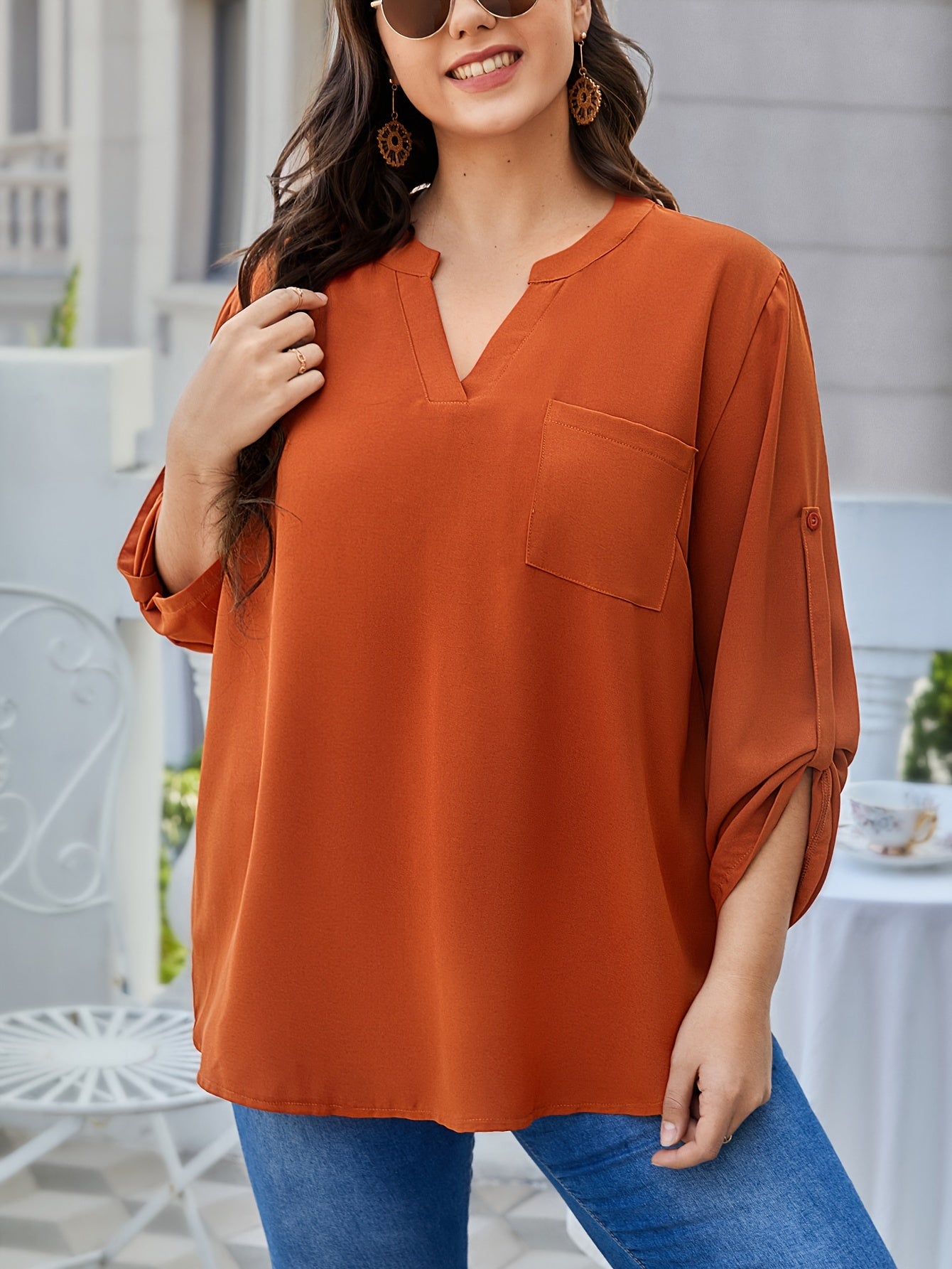  Casual Blouse Womens Solid Roll Up Long Sleeve