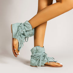 Women's Lace-Up Tassel Sandals Boots Open Toe Flat Shoes