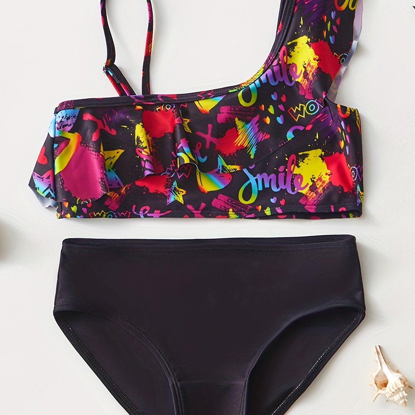 2pcs Graffiti Graphic Tankini Swimsuit Set for Girls - Summer Beach Pool Parties