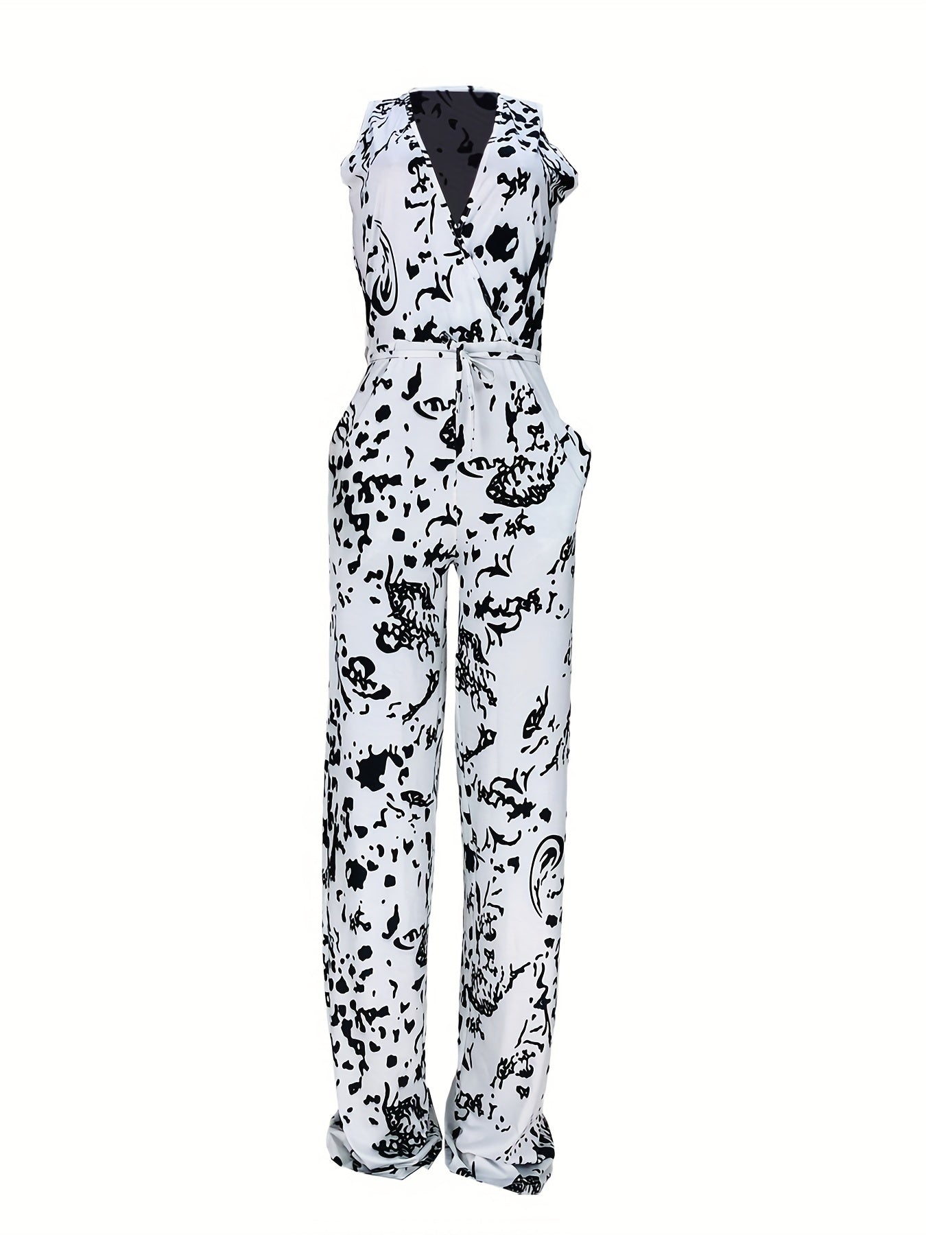 Abstract Print Surplice Neck Jumpsuit Sexy Sleeveless Drawstring Jumpsuit