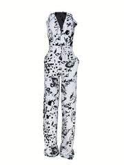Abstract Print Surplice Neck Jumpsuit Sexy Sleeveless Drawstring Jumpsuit