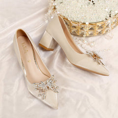 Chunky Heeled Pumps Butterfly Rhinestone Pointed Toe High Heels