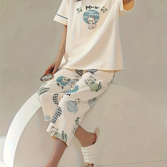Cartoon Cat Pajama Set Short Sleeve Top & Capris Pants