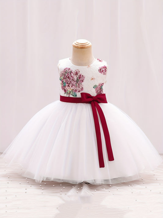 Baby Girls Floral Embroidery Bowknot Sleeveless Mesh Princess Dress