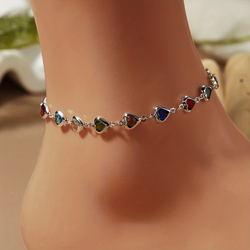 Colorful Faux Crystal Chain Anklet Love Heart Silver Plated Ankle Bracelet