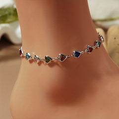 Colorful Faux Crystal Chain Anklet Love Heart Silver Plated Ankle Bracelet