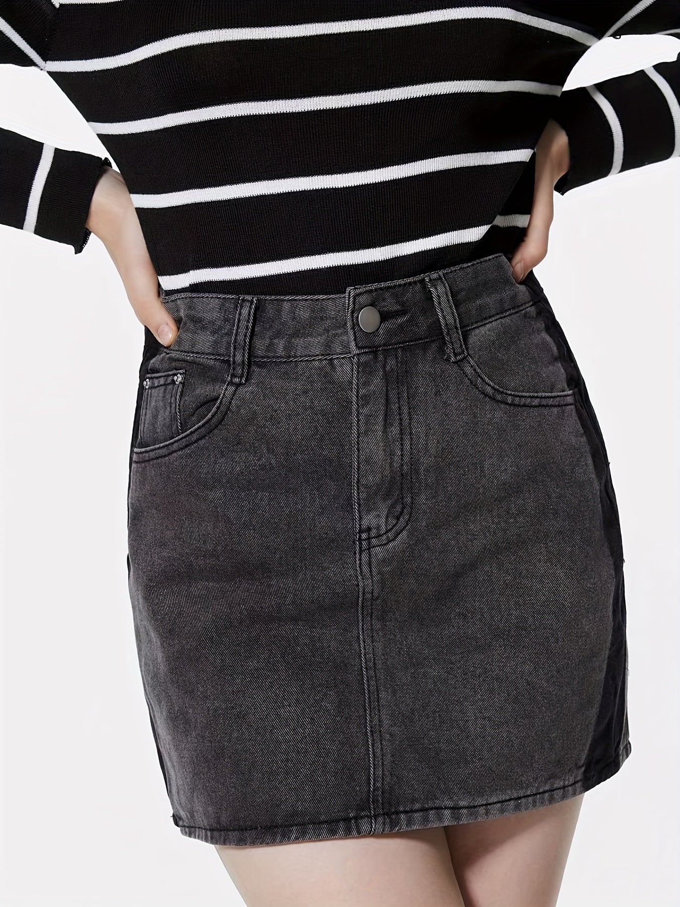 Dark Gray Denim Skirt with Slash Pockets