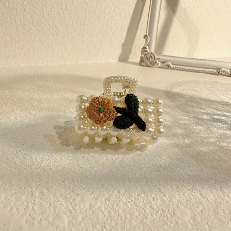 Faux Pearl Hair Claw Clip Flower Embroidered Hair Claw Nonslip Shark Claw