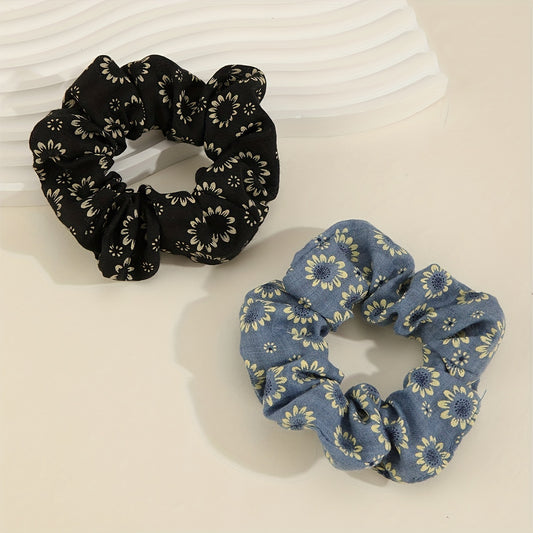 2pcs Boho Flower Print Scrunchies Hair Tie Vintage Sparkle Hair Rope