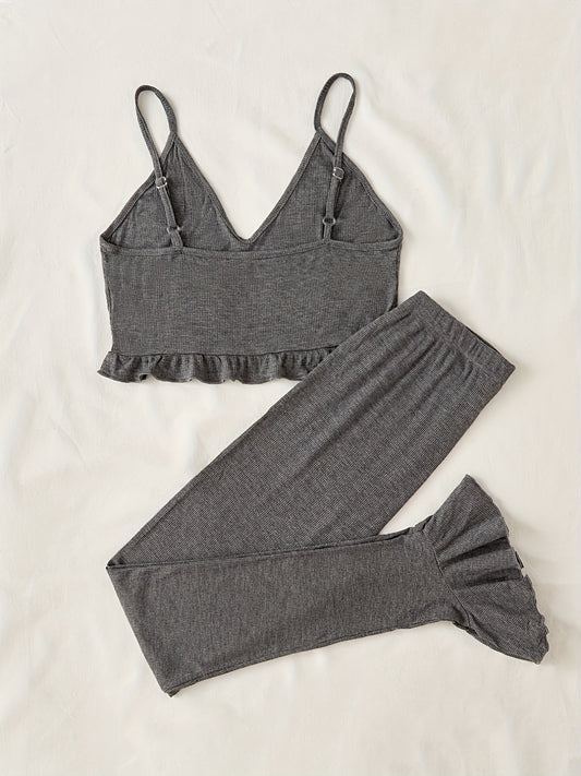 Solid Lounge Set V Neck Cami Top & Ruffle Pants Women's Loungewear
