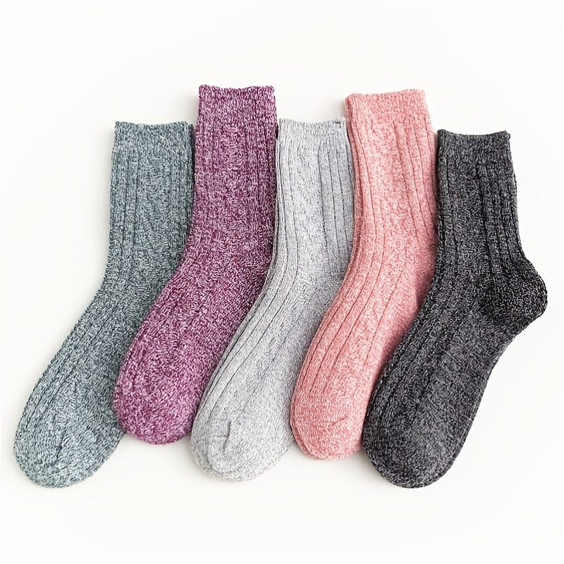 5 Pairs Casual Solid Socks Thick Knit All match Socks Women's Stockings