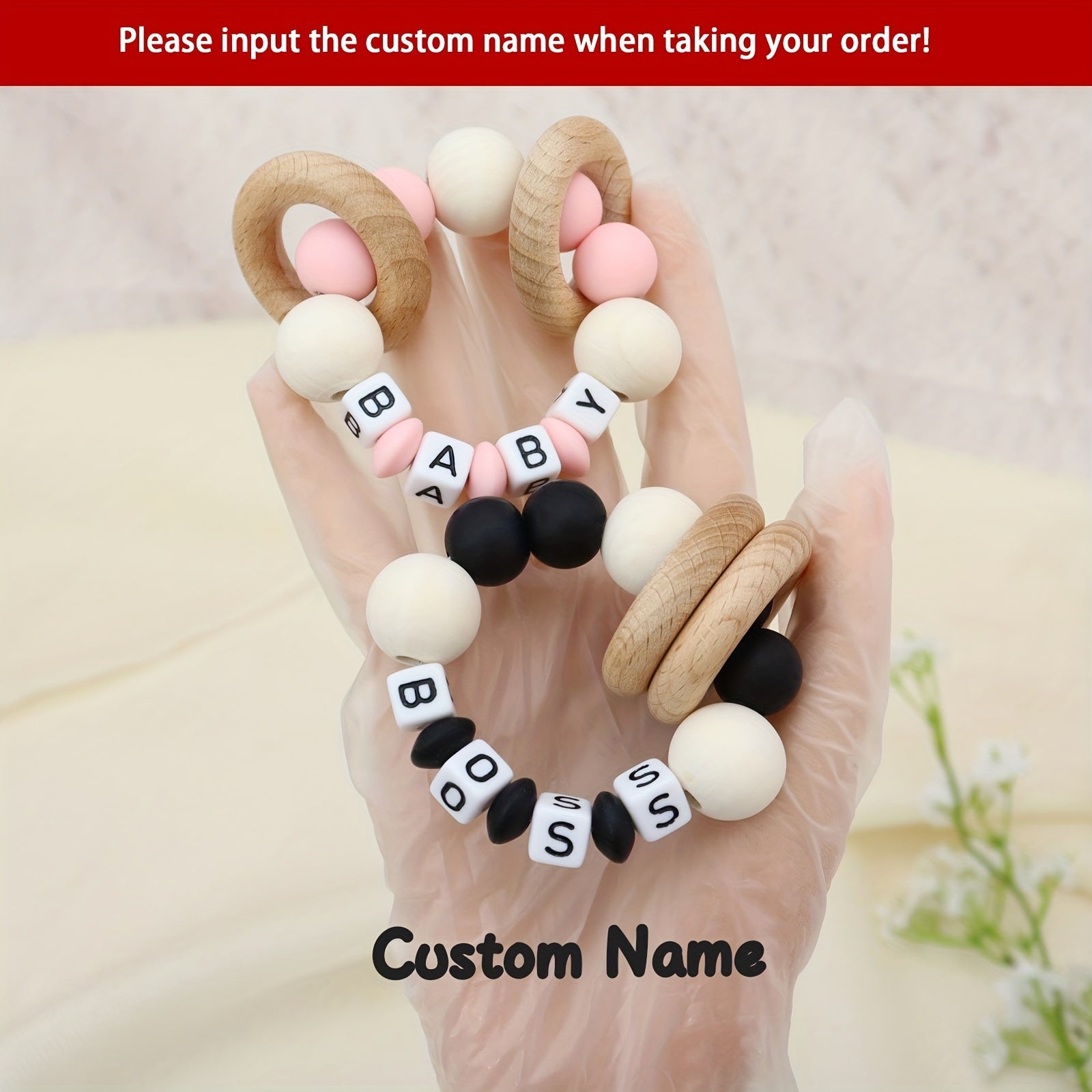 Personalized Wooden Teether & Silicone Rattle for Baby