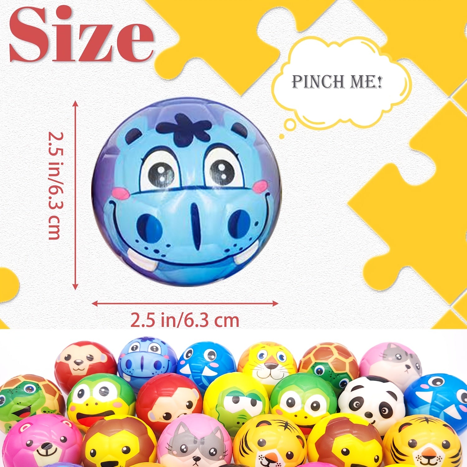 24 Sponge Balls with Cartoon Animal Face, 6.3 cm Diameter