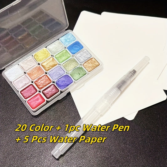 20 Colors Mini Watercolor Paint Set with Brush & Paper