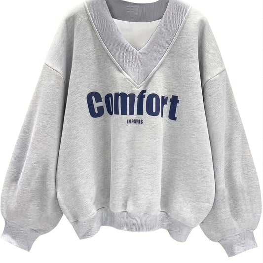 Letter Graphic Print V Neck Sweatshirt for Women