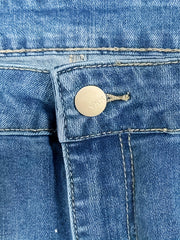  High Rise Button Fly Fringe Trim Washed Flare Jeans