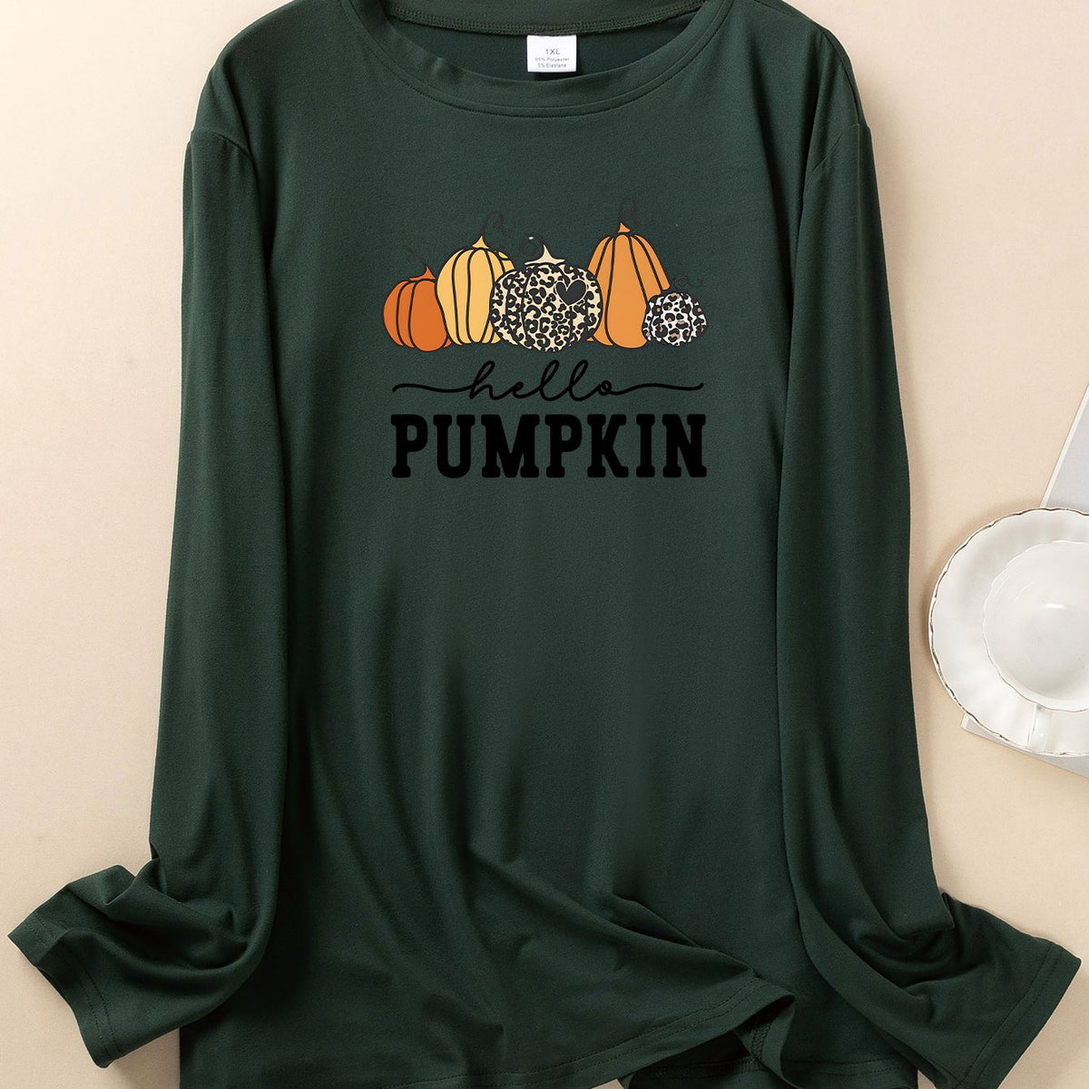  Pumpkin & Letter Print Long Sleeve Pajama Top
