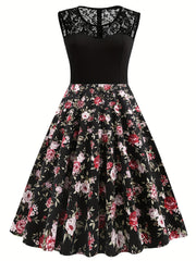 Vintage Dark Peony Sleeveless Dress Contrast Lace Print
