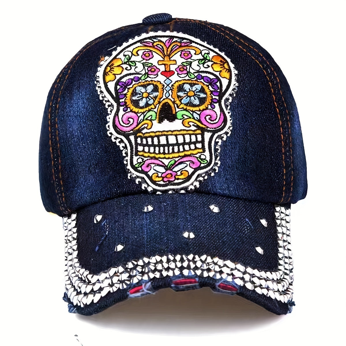 Y2K Skull Patch Baseball Cap Rhinestone Decor Dad Hat