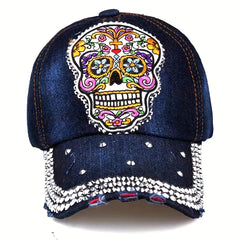 Y2K Skull Patch Baseball Cap Rhinestone Decor Dad Hat