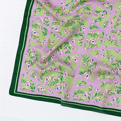 Eustoma Print Bandana Square Scarf Silky Geometric Block Purple Neck Wrap