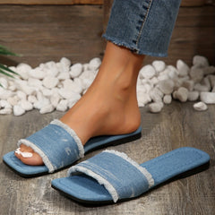 Women's Denim Flat Slides Sandals Square Open Toe Slip On