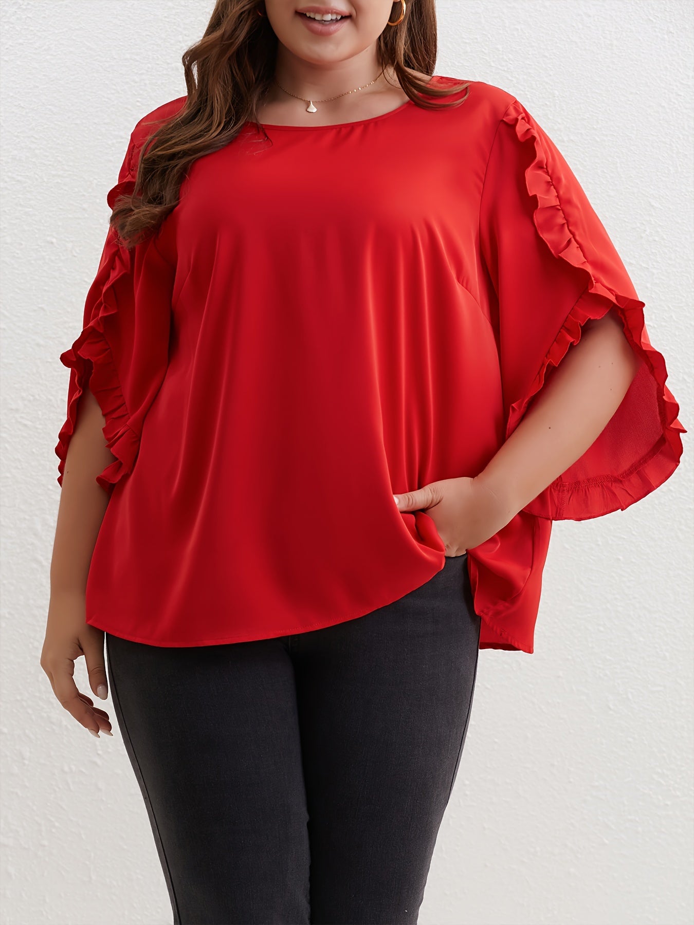  Solid Ruffle Trim Petal Sleeve Top
