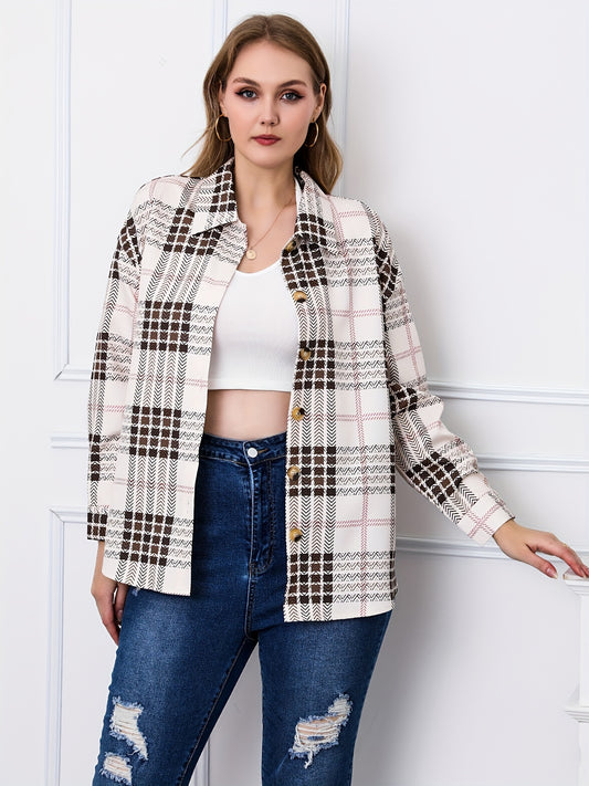  Casual Blouse Women's Plus Plaid Print Button Up Long Sleeve