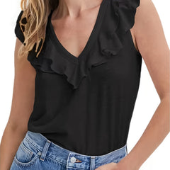  Casual Tank Top Women's Plus Plain Ruffle Trim V Neck