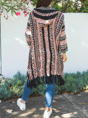  Boho Hooded Cardigan Women's Colorblock Fringe Trim Open Front