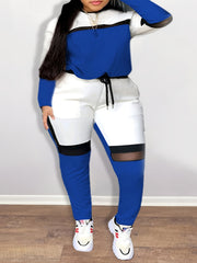  Colorblock Mesh Sweatshirt & Sweatpants Set Women's Plus 2pcs Set