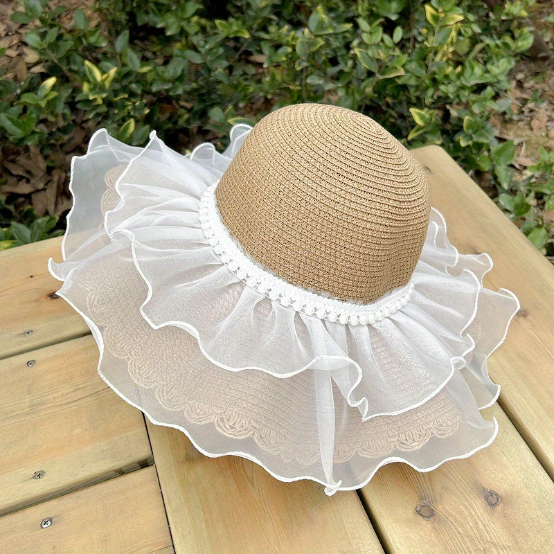 Ruffles Wide Brim Sun Hat Lace Straw Floppy Hat