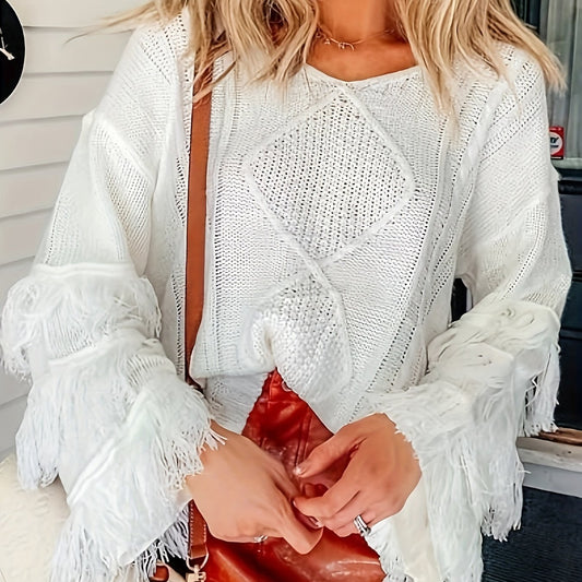  Fringe Trim V Neck Jumper