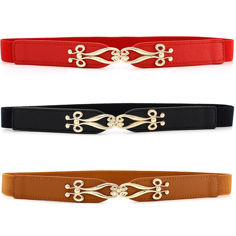 Geometric Flower Buckle Belt Elastic Thin Waistband Vintage Women Coat Belts