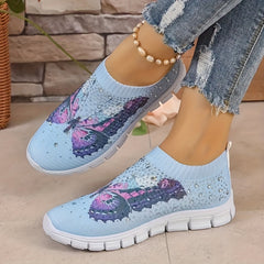 Women's Butterfly Print Slip On Sneakers Breathable Low Top Running Shoes