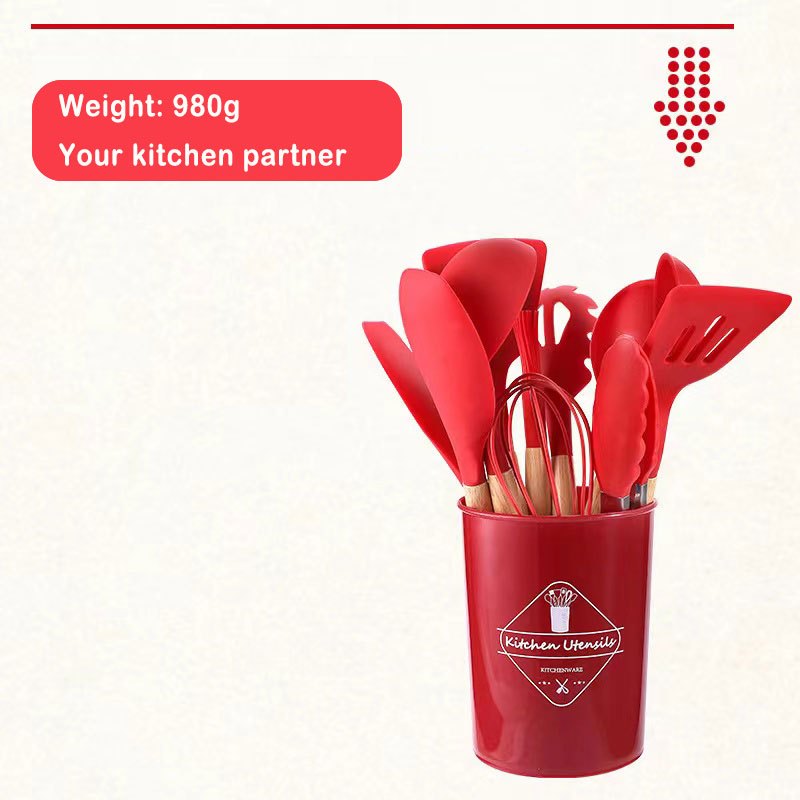 12pcs Silicone Kitchen Utensils Set with Wooden Handle and Storage Bucket
