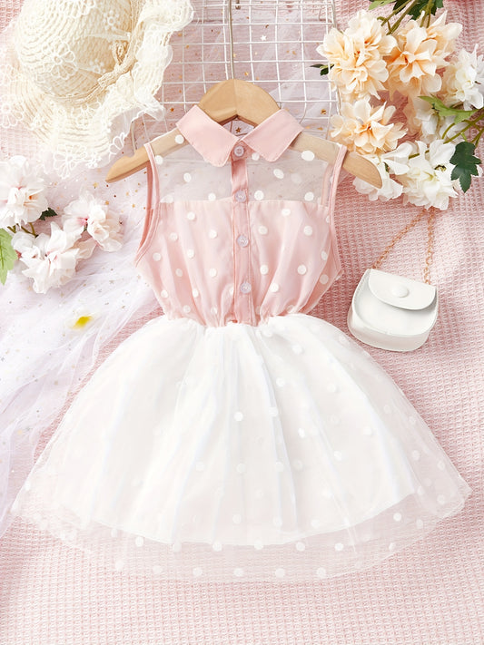 Girls Sleeveless Polka Dots Mesh Dress