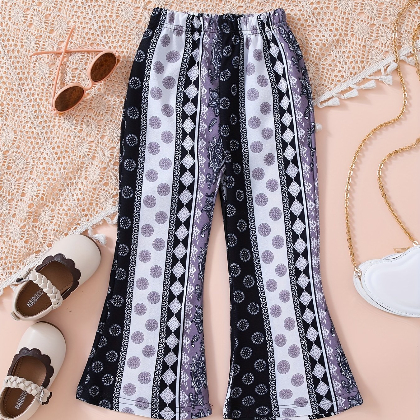 Toddler Girls Striped Polka Dot Flare Pants Elastic Waist Casual Trousers