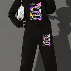 Plus Size Butterfly & Art Letter Print Sweatshirt & Jogger Sweatpants Set