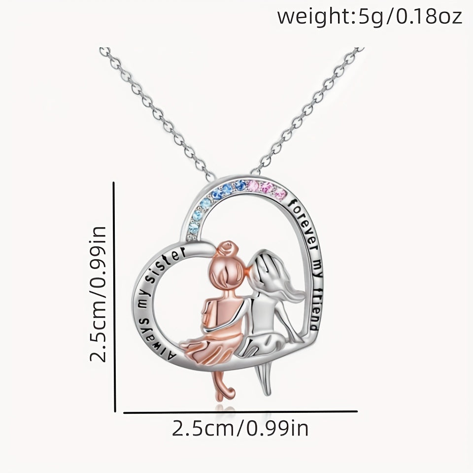 Sisters From Sister Two Little Girls Back Pattern Silvery Heart Necklace
