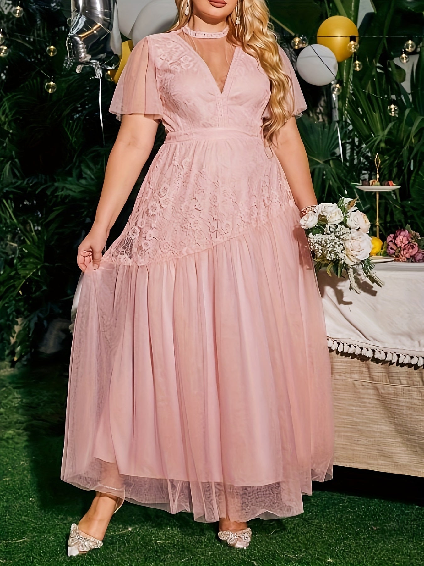  Lace Flutter Sleeve Maxi Bridesmaid Dress