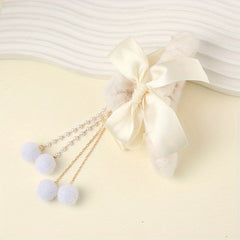Bowknot Tassel Faux Pearl Plush Hair Claw Clip Strong Grip Hair Jaw Clip