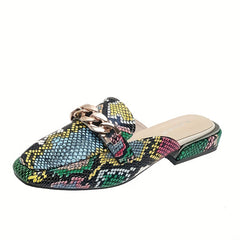 Women's Crocodile Print Chain Mules Square Toe Slipper Shoes