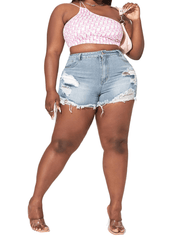  Ripped High Rise Button Fly Denim Shorts