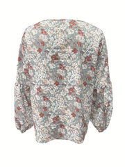  Boho Blouse Floral Print Lantern Sleeve V Neck Stretch Top