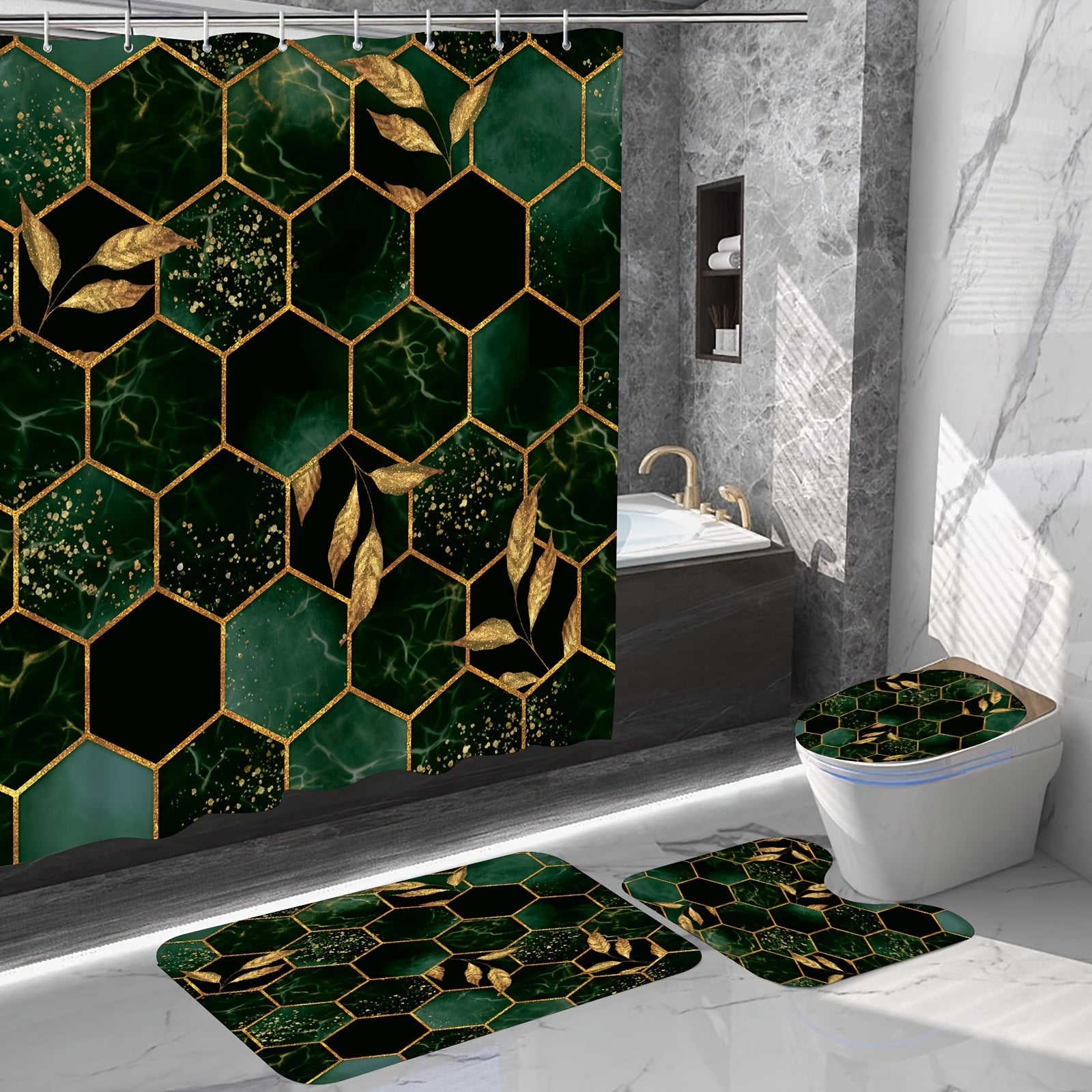 Modern Bee Trough Hexagonal Pattern Shower Curtain Set