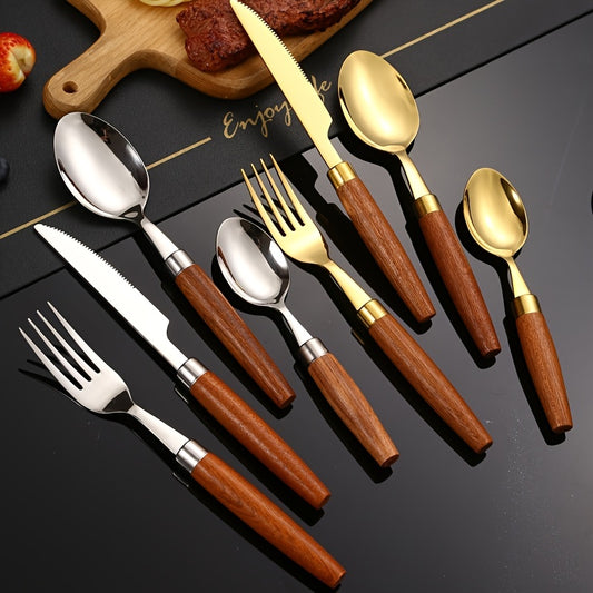 Stainless Steel Tableware Set with Wooden Handles - Durable Dinnerware