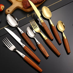 Stainless Steel Tableware Set with Wooden Handles - Durable Dinnerware