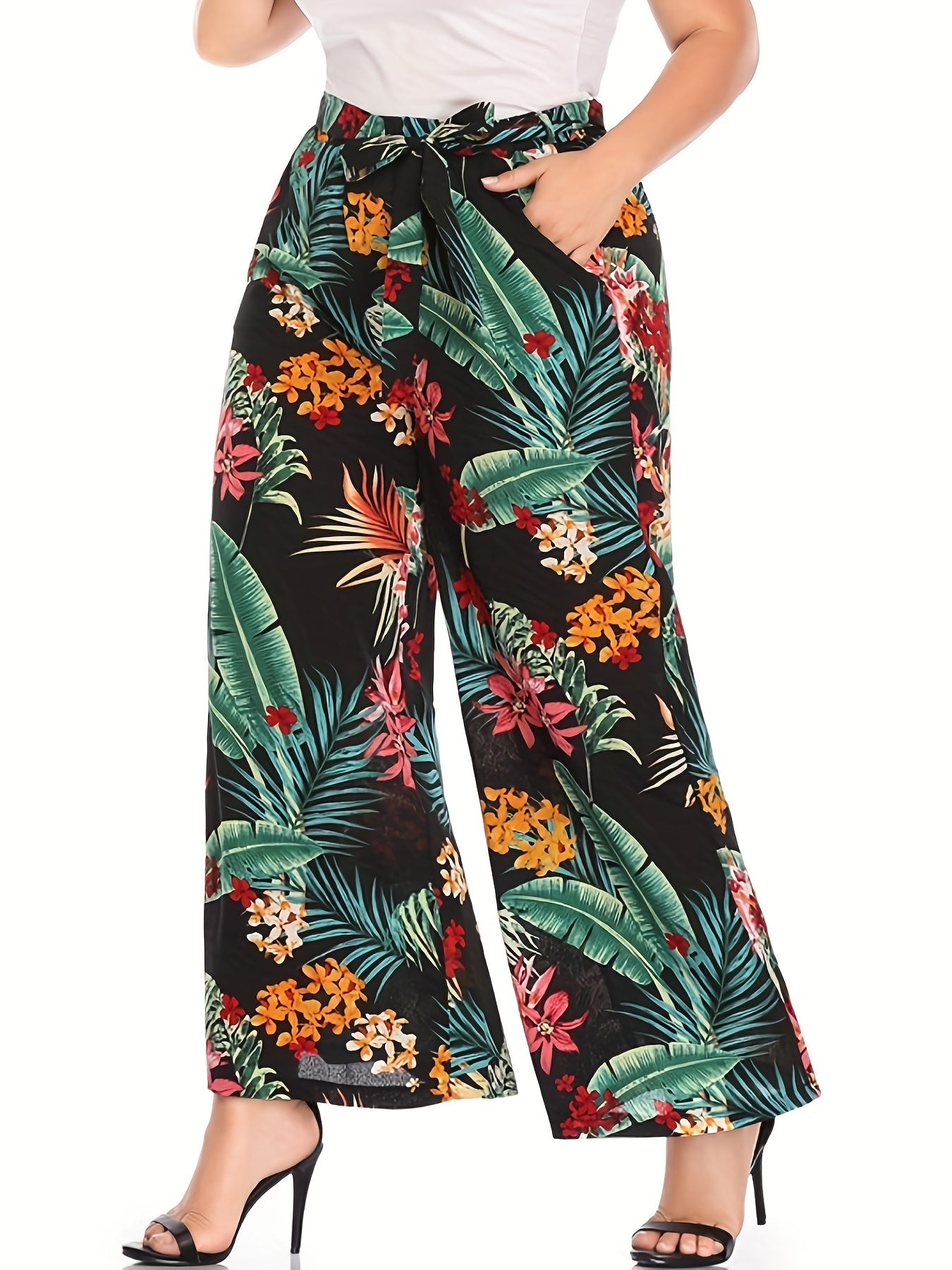 Women's Plus Tropical Print Wide Leg Pants With Belt