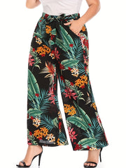 Women's Plus Tropical Print Wide Leg Pants With Belt